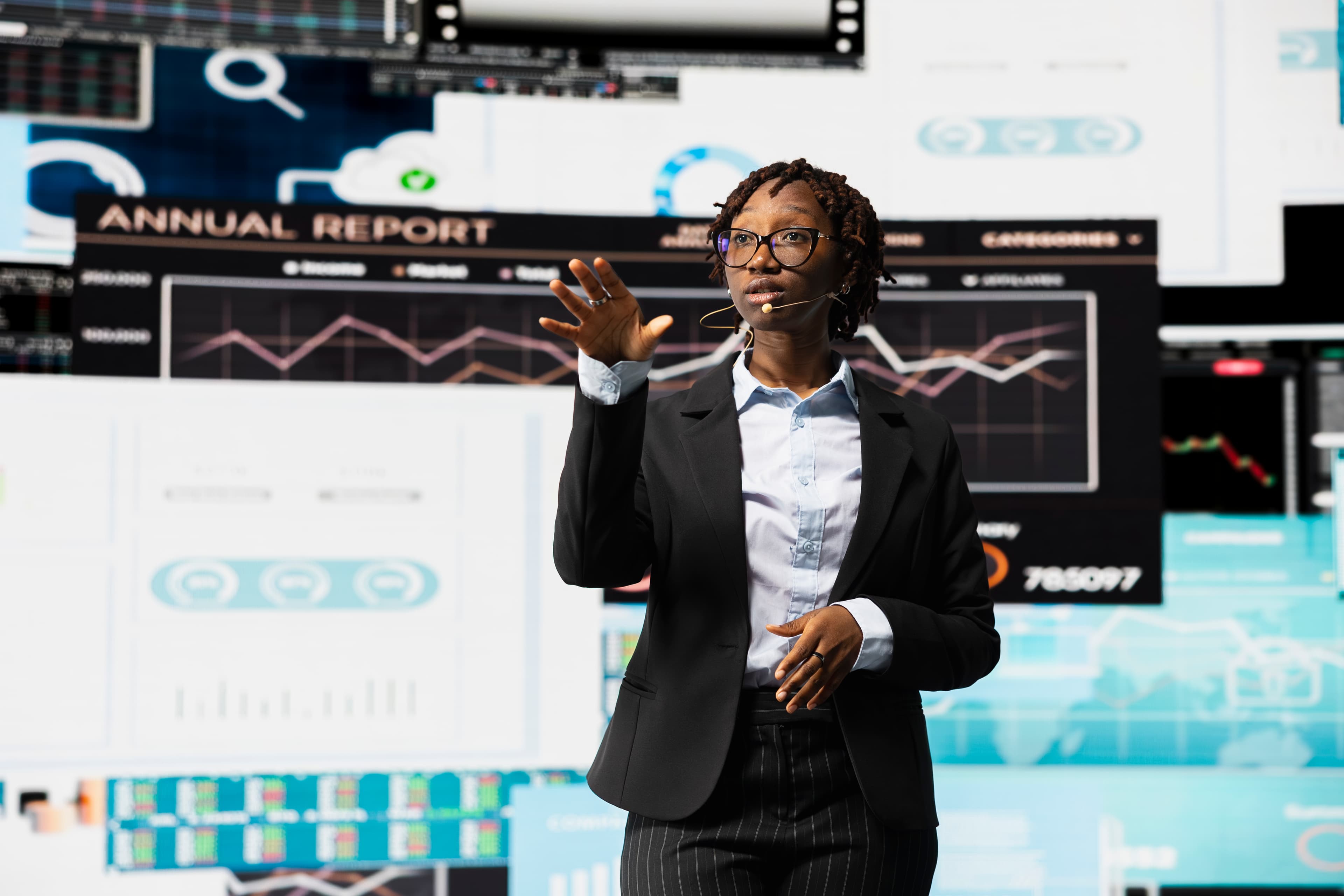A speaker presenting data and analytics insights on stage at a technology conference.